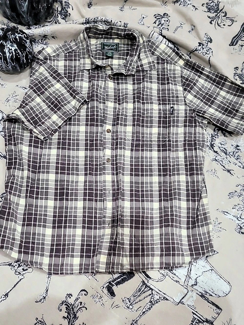 Woolrich Plaid Short Sleeve Shirt in Gray & Cream